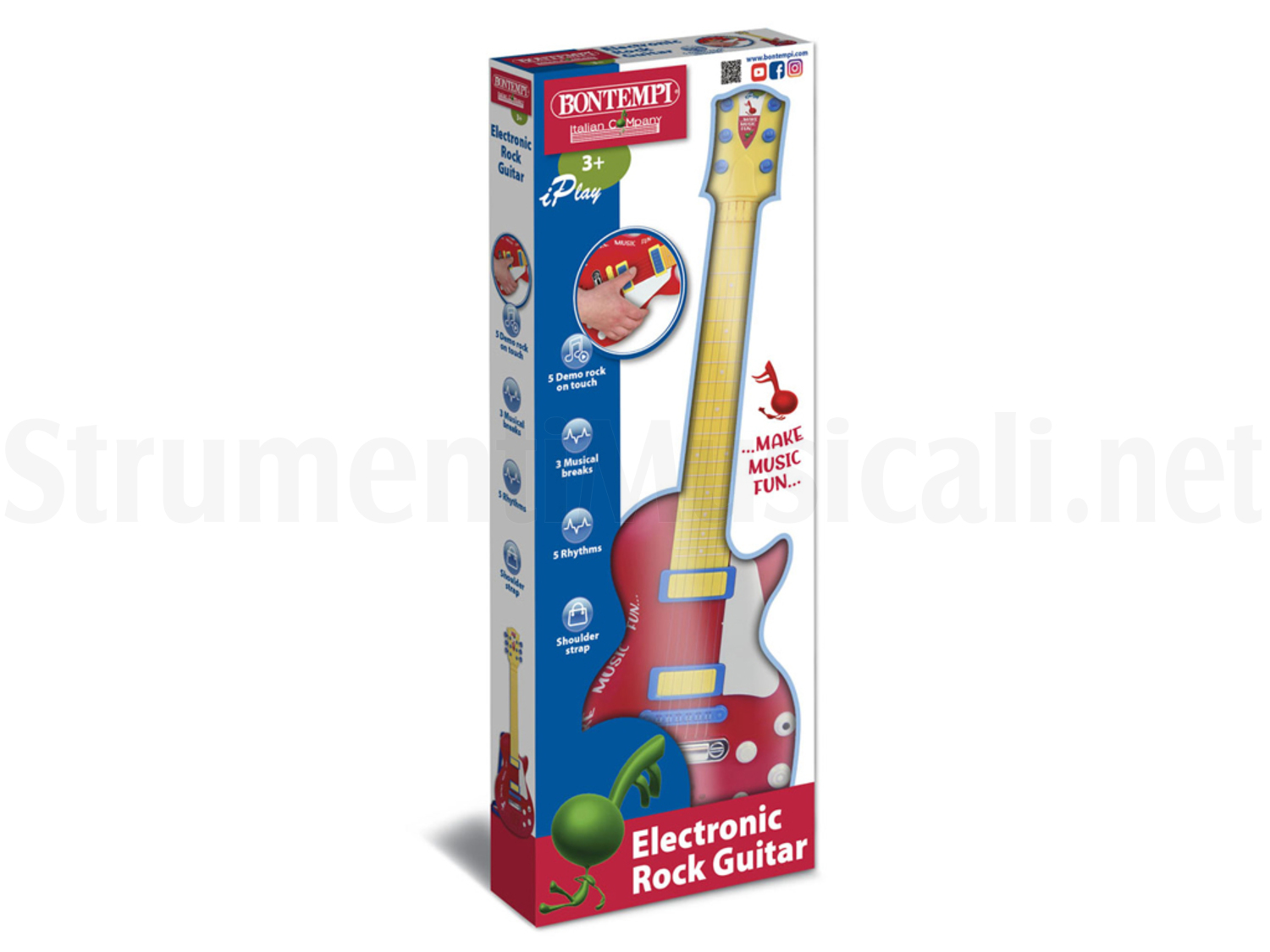 Bontempi – Guitare Rock électronique Rouge/jaune, 56 Cm, 6 Cordes, Mélodie Préenregistrée, Bandoulière Incluse